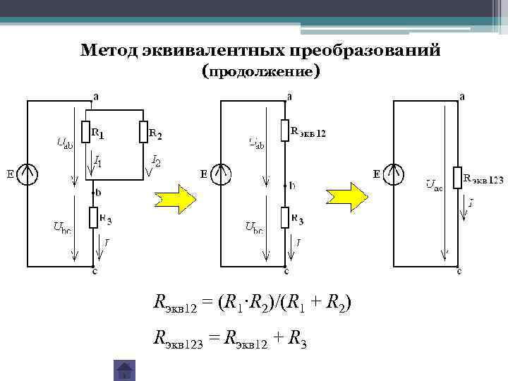 Метод эквивалентных преобразований (продолжение) Rэкв 12 = (R 1·R 2)/(R 1 + R 2)