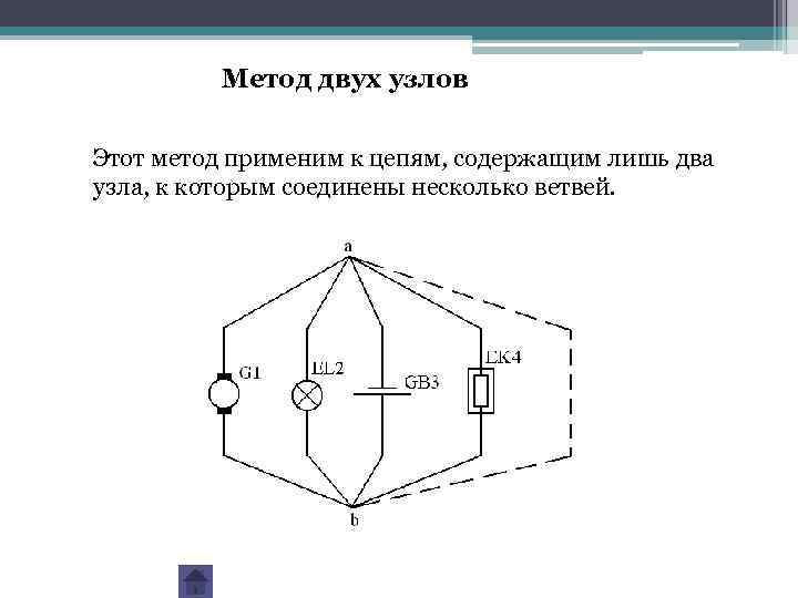 Метод двух узлов Этот метод применим к цепям, содержащим лишь два узла, к которым