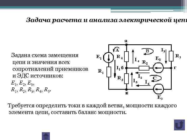 Задача расчета и анализа электрической цепи Задана схема замещения цепи и значения всех сопротивлений