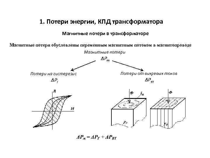 1. Потери энергии, КПД трансформатора Магнитные потери в трансформаторе Магнитные потери обусловлены переменным магнитным