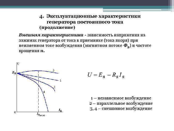 4. Эксплуатационные характеристики генератора постоянного тока (продолжение) Внешняя характеристика - зависимость напряжения на зажимах