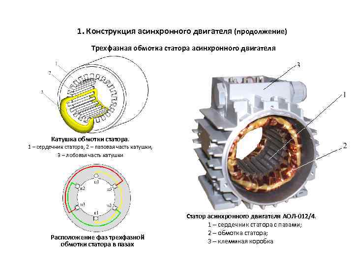 1. Конструкция асинхронного двигателя (продолжение) Трехфазная обмотка статора асинхронного двигателя Катушка обмотки статора. 1