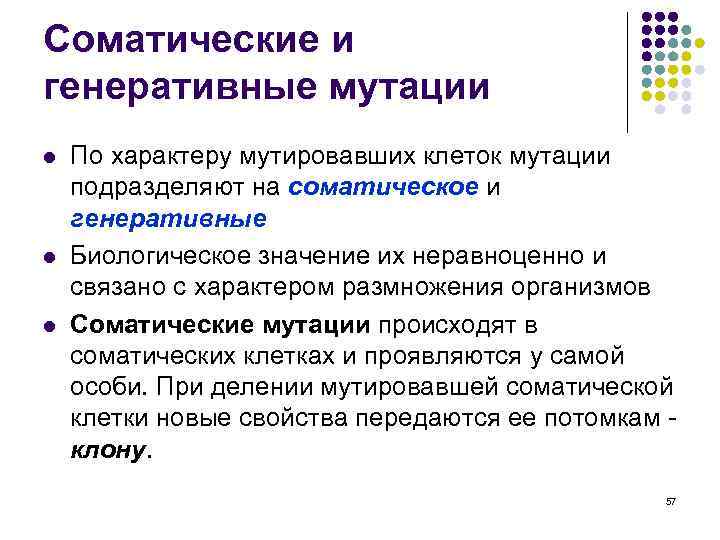 Соматические и генеративные мутации l l l По характеру мутировавших клеток мутации подразделяют на