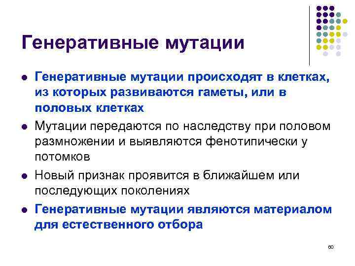 Генеративные мутации l l Генеративные мутации происходят в клетках, из которых развиваются гаметы, или