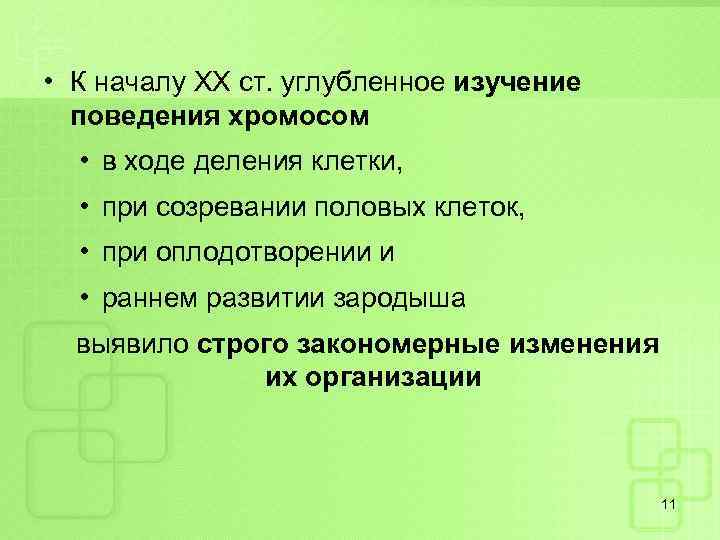  • К началу XX ст. углубленное изучение поведения хромосом • в ходе деления