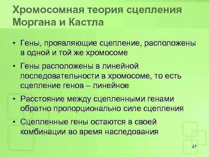 Хромосомная теория сцепления Моргана и Кастла • Гены, проявляющие сцепление, расположены в одной и