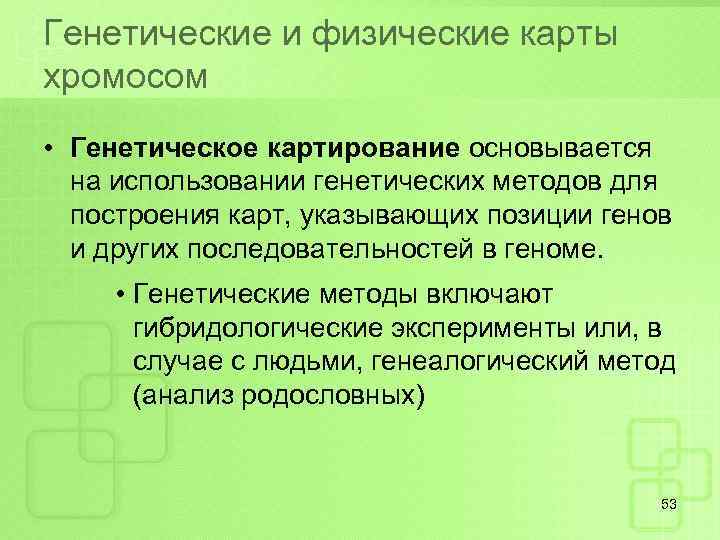 Генетические и физические карты хромосом • Генетическое картирование основывается на использовании генетических методов для