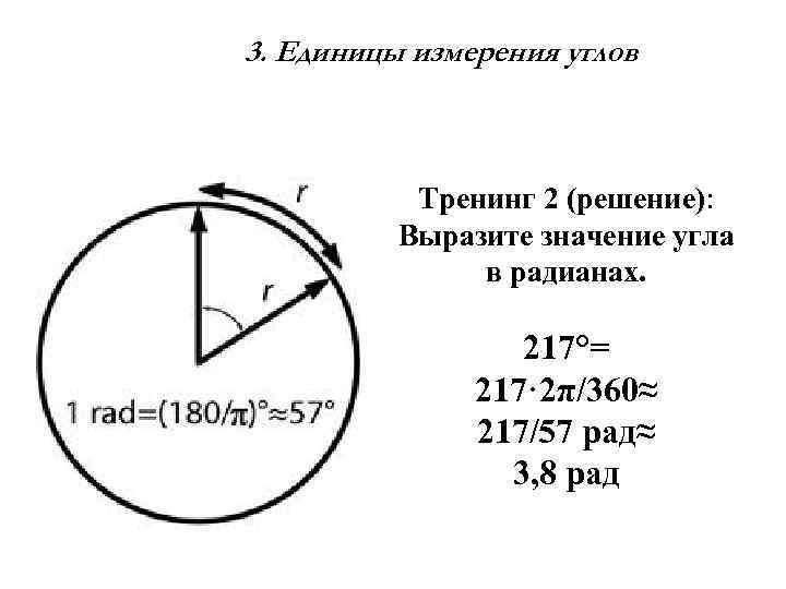 3. Единицы измерения углов Тренинг 2 (решение): Выразите значение угла в радианах. 217°= 217·
