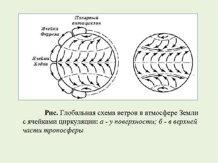 Рис. Глобальная схема ветров в атмосфере Земли с ячейками циркуляции: а - у поверхности;