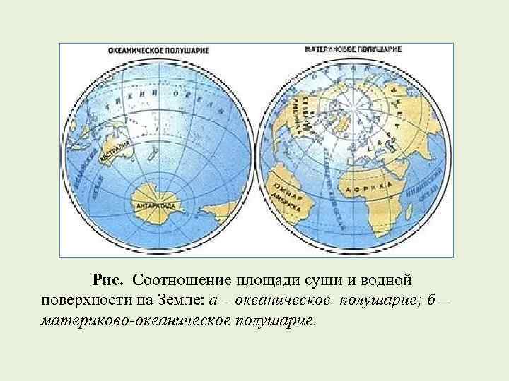 Рис. Соотношение площади суши и водной поверхности на Земле: а – океаническое полушарие; б