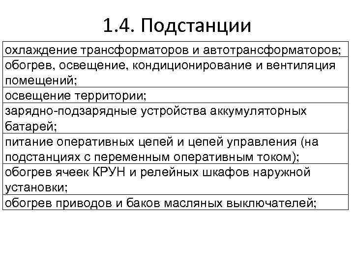 1. 4. Подстанции охлаждение трансформаторов и автотрансформаторов; обогрев, освещение, кондиционирование и вентиляция помещений; освещение