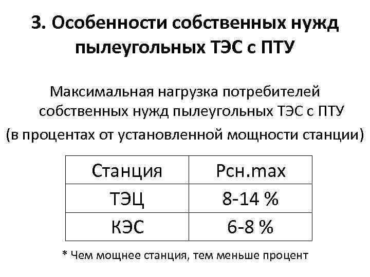 3. Особенности собственных нужд пылеугольных ТЭС с ПТУ Максимальная нагрузка потребителей собственных нужд пылеугольных