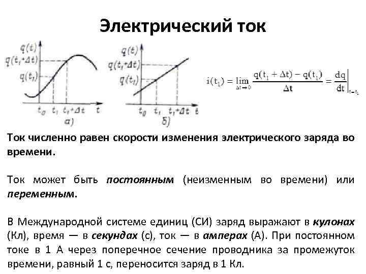 Электрический ток Ток численно равен скорости изменения электрического заряда во времени. Ток может быть