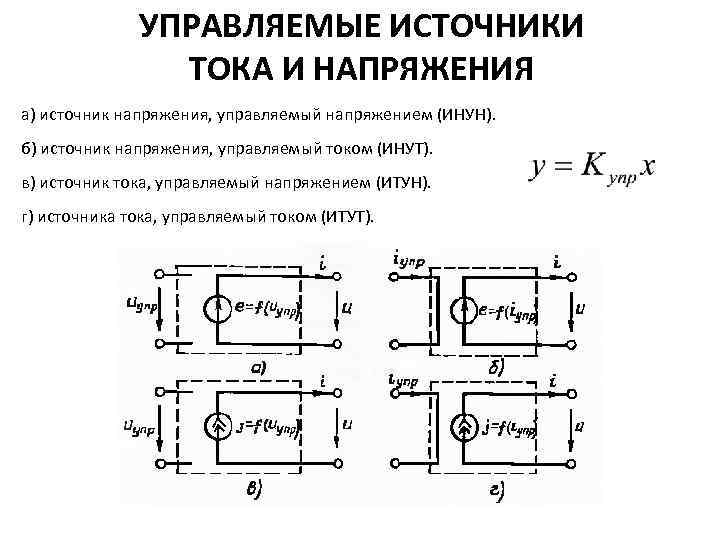 УПРАВЛЯЕМЫЕ ИСТОЧНИКИ ТОКА И НАПРЯЖЕНИЯ а) источник напряжения, управляемый напряжением (ИНУН). б) источник напряжения,
