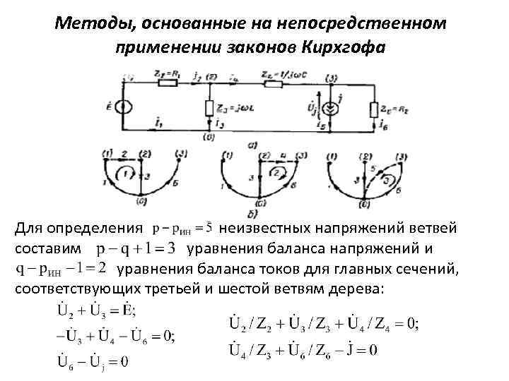 Методы, основанные на непосредственном применении законов Кирхгофа Для определения неизвестных напряжений ветвей составим уравнения