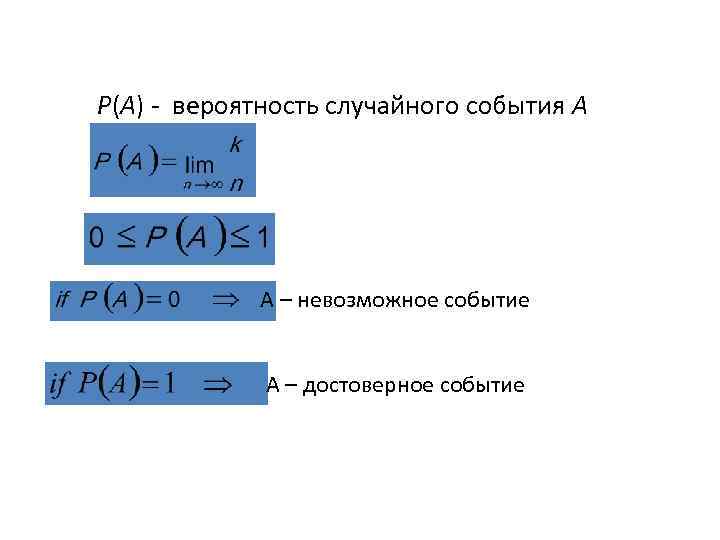 P(A) - вероятность случайного события A A – невозможное событие A – достоверное событие