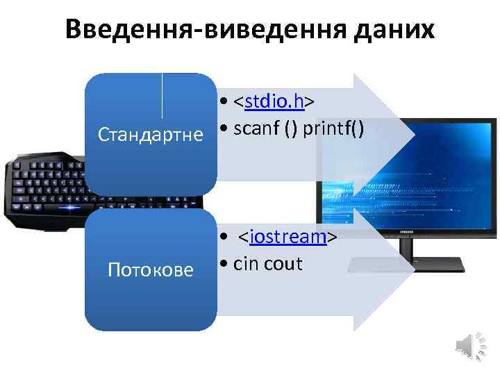 Введення-виведення даних • <stdio. h> Стандартне • scanf () printf() Потокове • <iostream> •