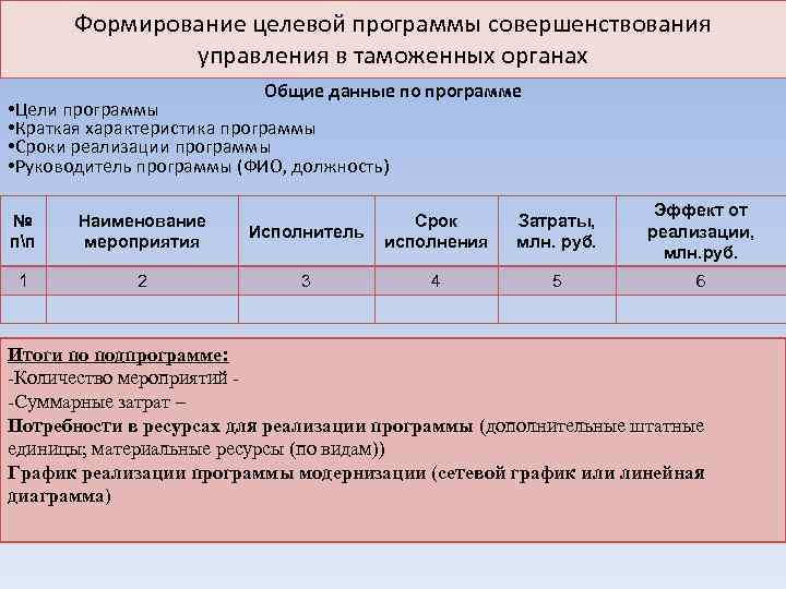 Формирование целевой программы совершенствования управления в таможенных органах Общие данные по программе • Цели