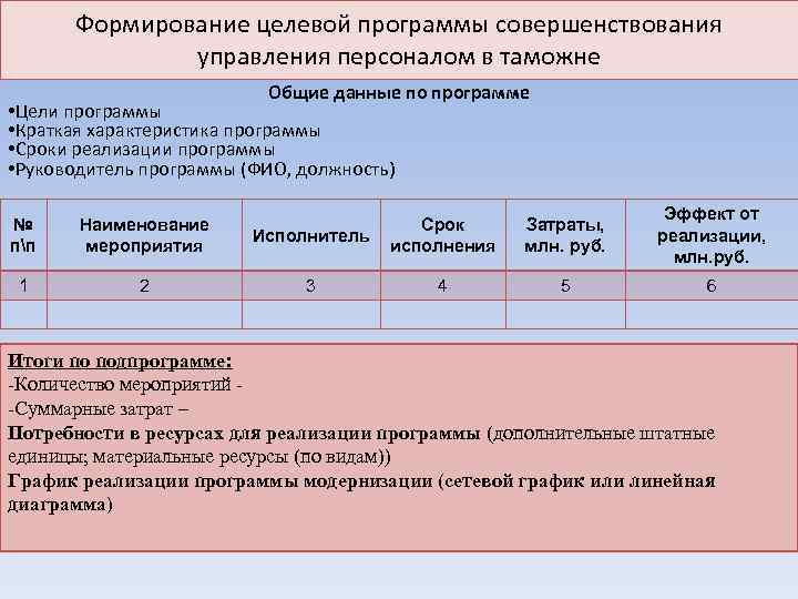 Формирование целевой программы совершенствования управления персоналом в таможне Общие данные по программе • Цели