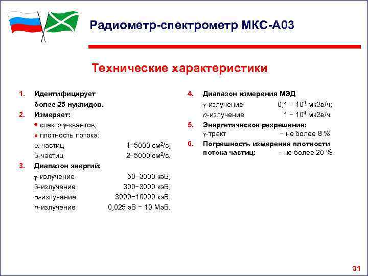 Радиометр-спектрометр МКС-А 03 Технические характеристики 1. 2. 3. Идентифицирует более 25 нуклидов. Измеряет: спектр