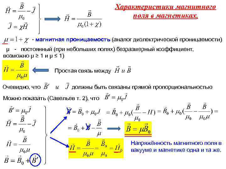 Характеристики магнитного поля в магнетиках. - магнитная проницаемость (аналог диэлектрической проницаемости) μ - постоянный