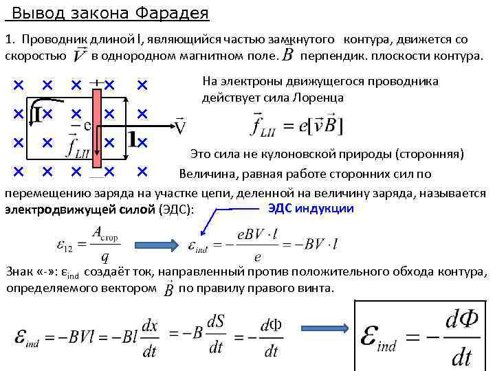 Вывод закона Фарадея 1. Проводник длиной l, являющийся частью замкнутого контура, движется со скоростью