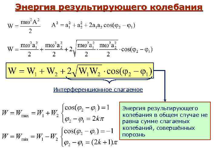 Энергия результирующего колебания Интерференционное слагаемое Энергия результирующего колебания в общем случае не равна сумме