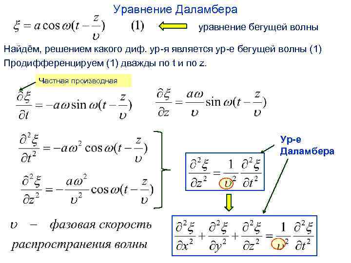 Уравнение Даламбера уравнение бегущей волны Найдём, решением какого диф. ур-я является ур-е бегущей волны