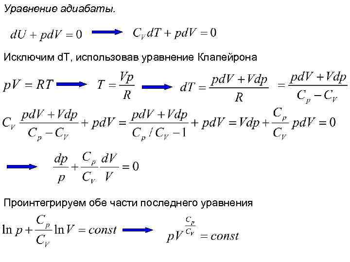 Уравнение адиабаты. Исключим d. T, использовав уравнение Клапейрона Проинтегрируем обе части последнего уравнения 