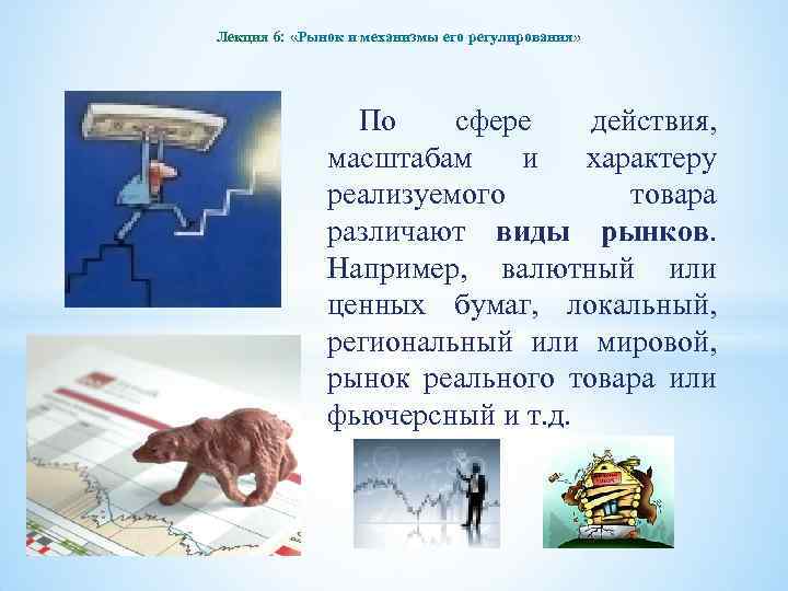 Лекция 6: «Рынок и механизмы его регулирования» По сфере действия, масштабам и характеру реализуемого