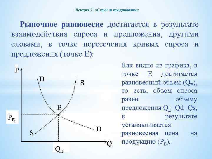 Лекция 7: «Спрос и предложение» Рыночное равновесие достигается в результате взаимодействия спроса и предложения,