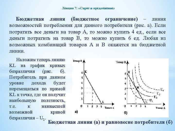 Лекция 7: «Спрос и предложение» Бюджетная линия (бюджетное ограничение) – линия возможностей потребления для