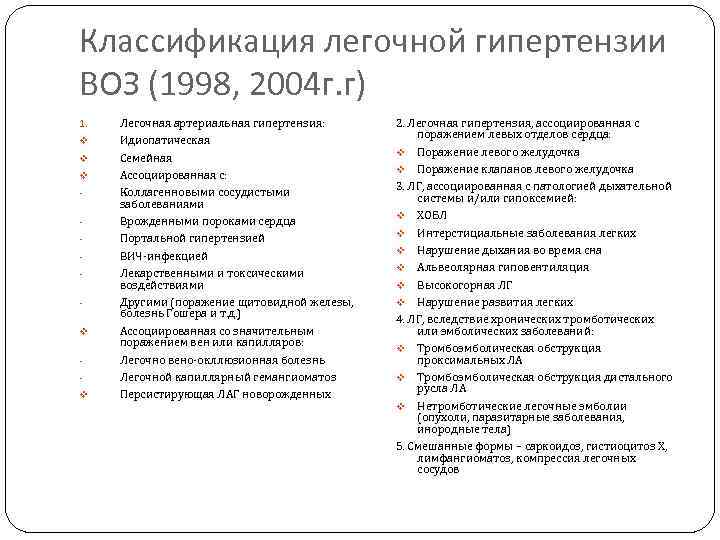 Классификация легочной гипертензии ВОЗ (1998, 2004 г. г) 1. v v v Легочная артериальная