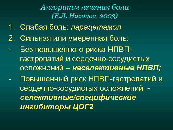 Алгоритм лечения боли (Е. Л. Насонов, 2003) 1. Слабая боль: парацетамол 2. Сильная или