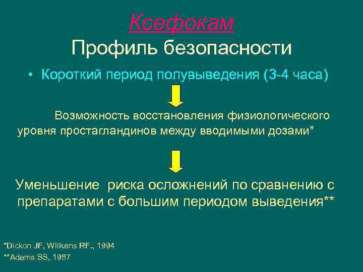 Ксефокам Профиль безопасности • Короткий период полувыведения (3 -4 часа) Возможность восстановления физиологического уровня