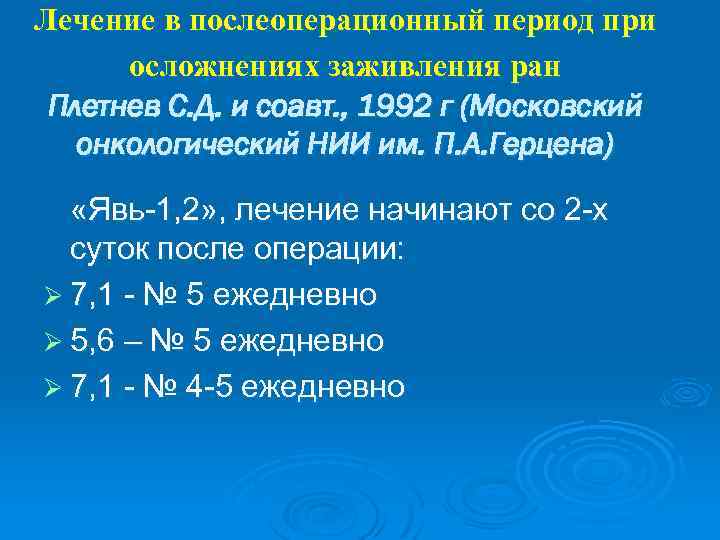 Лечение в послеоперационный период при осложнениях заживления ран Плетнев С. Д. и соавт. ,
