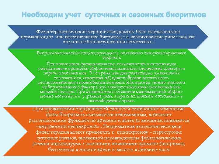 Необходим учет суточных и сезонных биоритмов Физиотерапевтические мероприятия должны быть направлены на нормализацию или