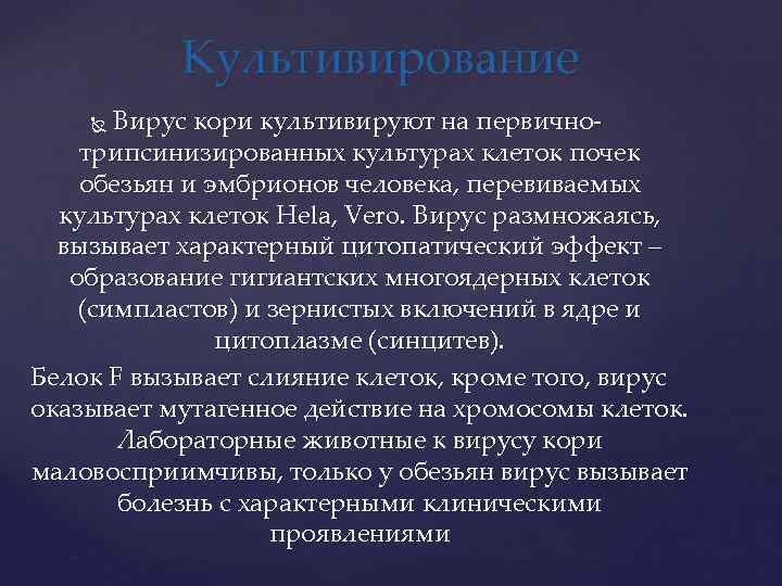Культивирование Вирус кори культивируют на первичнотрипсинизированных культурах клеток почек обезьян и эмбрионов человека, перевиваемых
