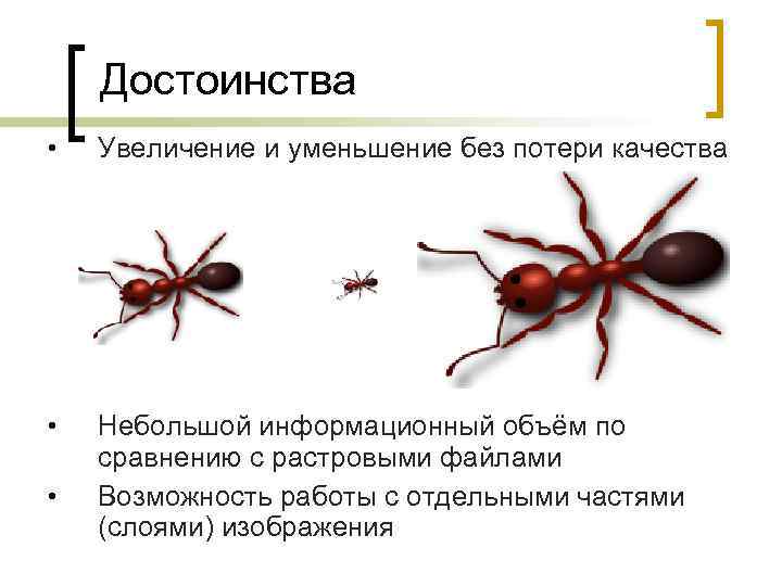 Достоинства • Увеличение и уменьшение без потери качества • Небольшой информационный объём по сравнению