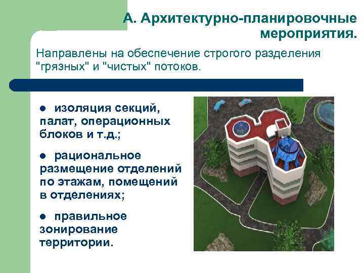 А. Архитектурно-планировочные мероприятия. Направлены на обеспечение строгого разделения "грязных" и "чистых" потоков. изоляция секций,
