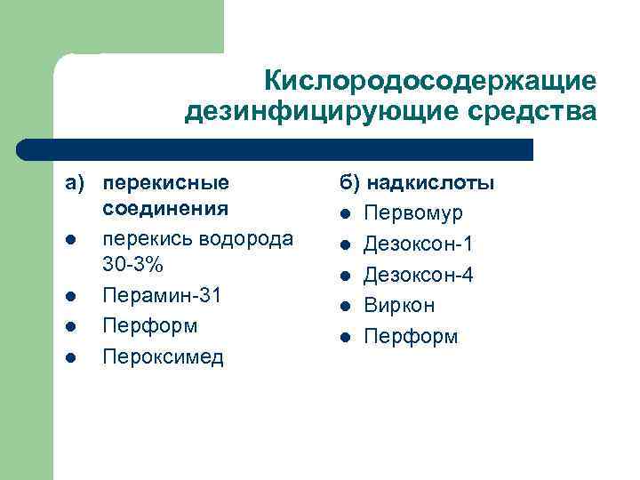 Кислородосодержащие дезинфицирующие средства а) перекисные соединения l перекись водорода 30 -3% l Перамин-31 l