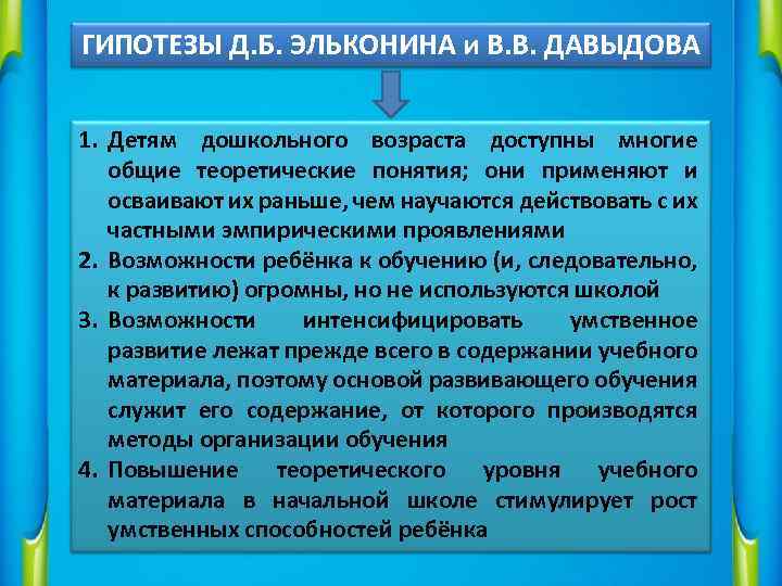 ГИПОТЕЗЫ Д. Б. ЭЛЬКОНИНА и В. В. ДАВЫДОВА 1. Детям дошкольного возраста доступны многие