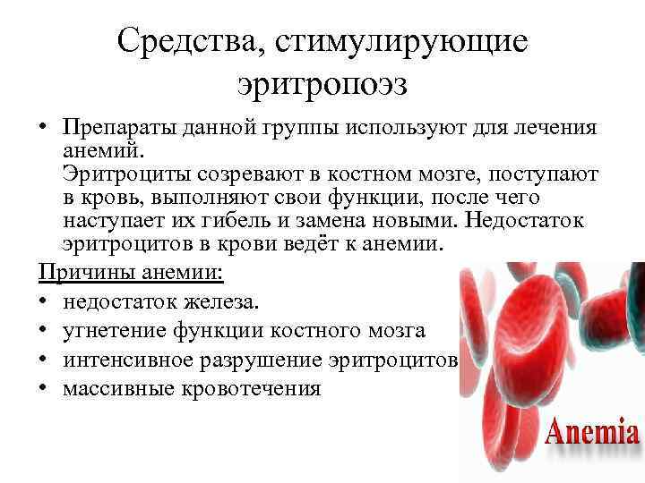Средства, стимулирующие эритропоэз • Препараты данной группы используют для лечения анемий. Эритроциты созревают в