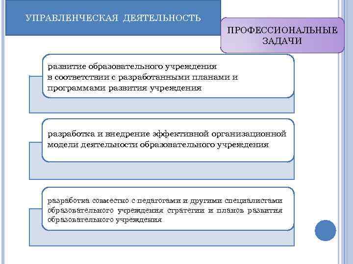 УПРАВЛЕНЧЕСКАЯ ДЕЯТЕЛЬНОСТЬ ПРОФЕССИОНАЛЬНЫЕ ЗАДАЧИ развитие образовательного учреждения в соответствии с разработанными планами и программами