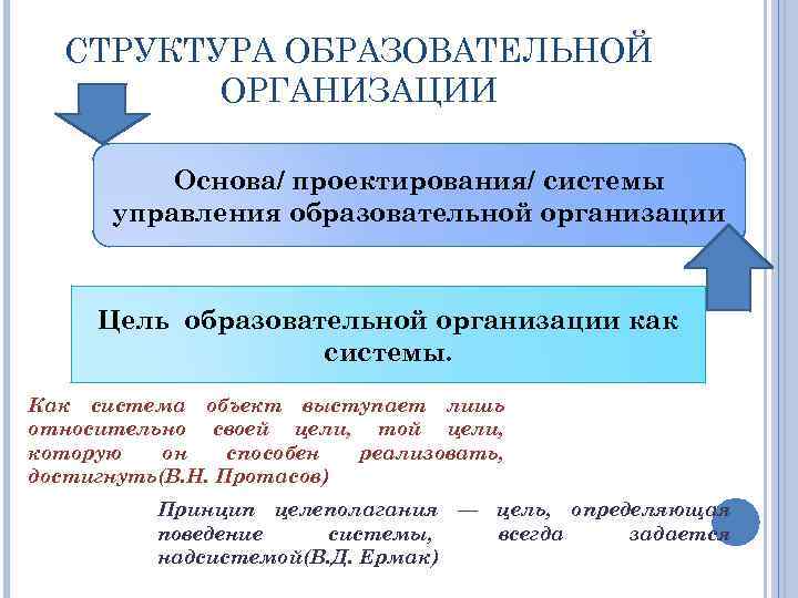 СТРУКТУРА ОБРАЗОВАТЕЛЬНОЙ ОРГАНИЗАЦИИ Основа/ проектирования/ системы управления образовательной организации Цель образовательной организации как системы.