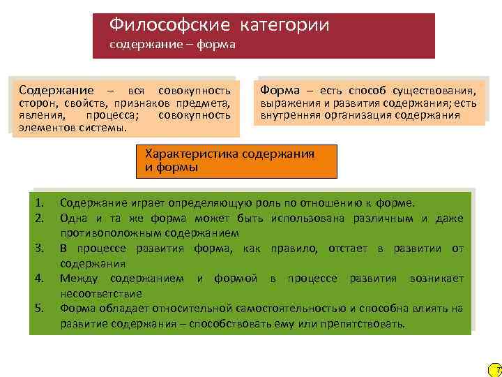Философские категории содержание – форма Содержание – вся совокупность сторон, свойств, признаков предмета, явления,