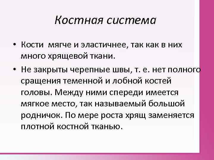 Костная система • Кости мягче и эластичнее, так как в них много хрящевой ткани.