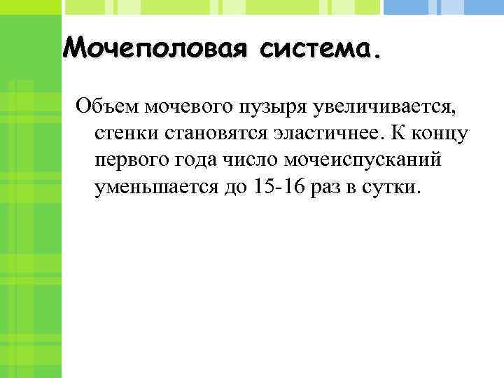 Мочеполовая система. Объем мочевого пузыря увеличивается, стенки становятся эластичнее. К концу первого года число