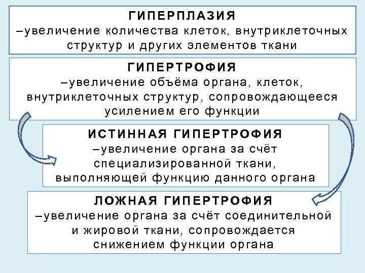 ГИПЕРПЛАЗИЯ –увеличение количества клеток, внутриклеточных структур и других элементов ткани ГИПЕРТРОФИЯ –увеличение объёма органа,