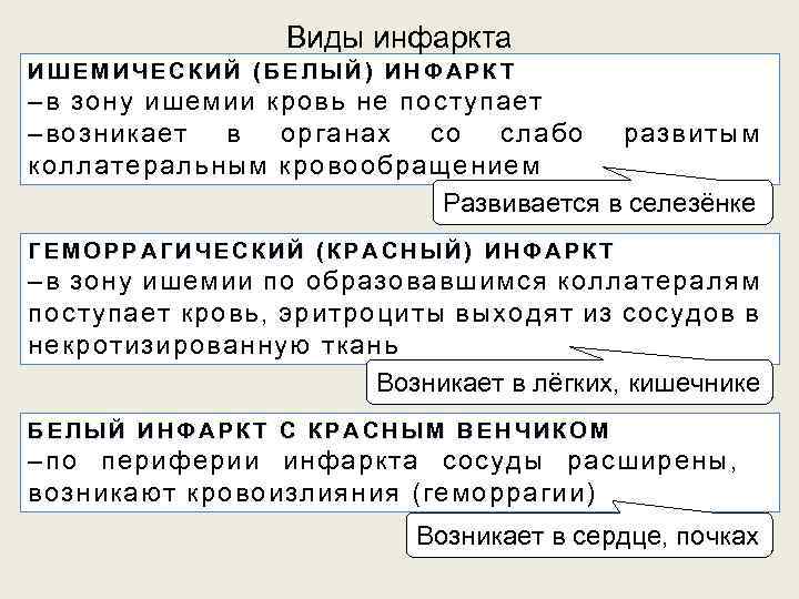 Виды инфаркта ИШЕМИЧЕСКИЙ (БЕЛЫЙ) ИНФАРКТ –в зону ишемии кровь не поступает –возникает в органах